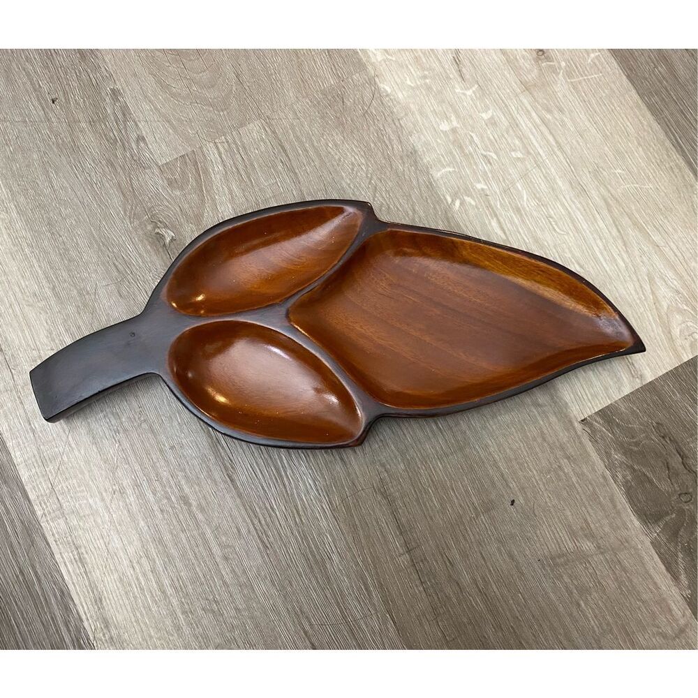 Wooden Snack Serving Tray 3 Section Divided Leaf Shape - Vintage